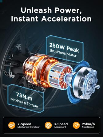Електровелосипед HITWAY з акумулятором 48 В 18 Аг, електричний велосипед, складаний всюдихідний електровелосипед з 20-дюймовими товстими шинами, складаний електровелосипед, двигун 250 Вт, 25 км/год, 7-ступінчаста коробка передач та 3-ступінчасте електричн