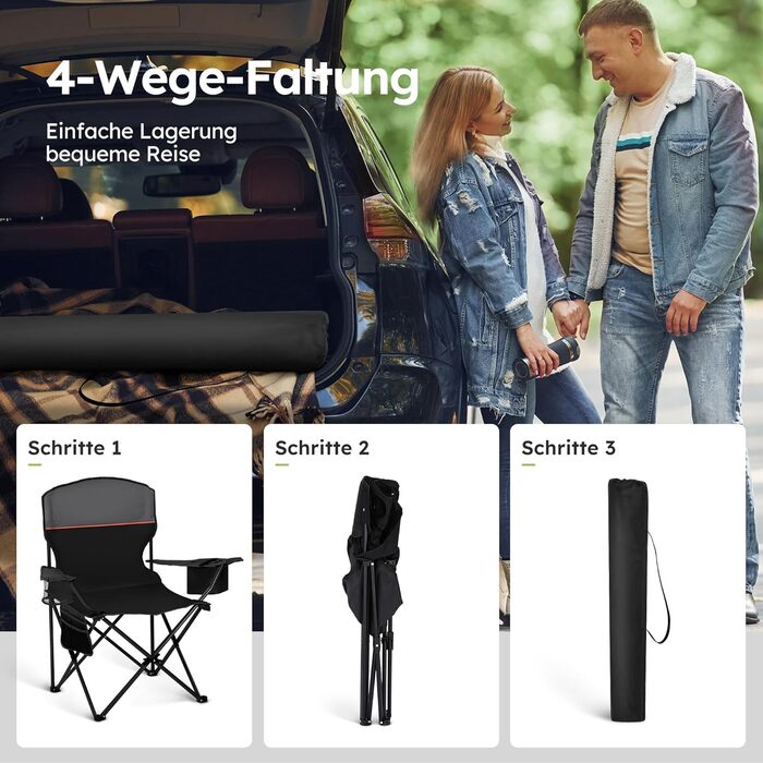 Комплект із 2 предметів Складаний стілець Кемпінговий стілець Зручний рибальський стілець з тримачем для напоїв та відділенням для охолодження, вантажопідйомність до 120 кг, Складаний рибальський стілець Садовий стілець Крісло-відкидне крісло Чорний