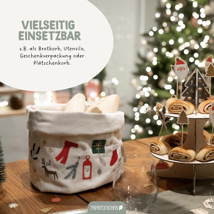 Паперовий кошик для хліба з драконом з вишивкою в бежево-червоному золоті - різдвяний - кошик з полотна - міцний - для зберігання