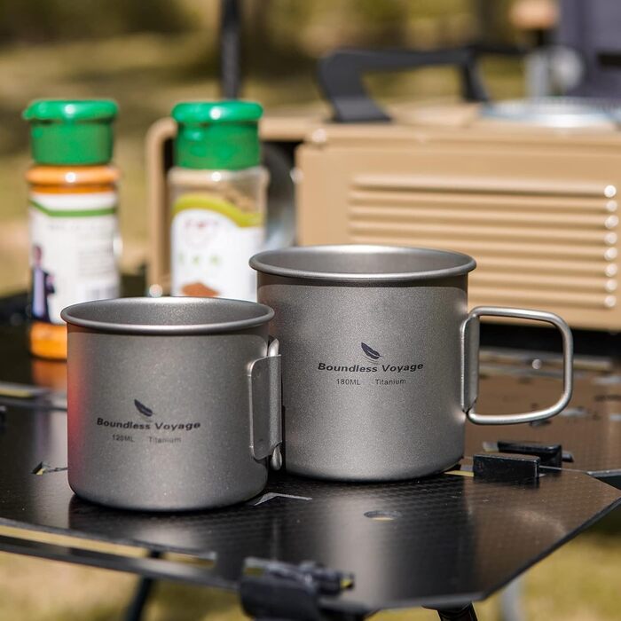 Титанова кружка Boundless Voyage, кемпінгова кружка, посуд для кемпінгу з відкритим вогнем, 120 мл та 180 мл, набір чашок для чаю, вина, кави, пива та пивної кружки без кришки Ti3053D