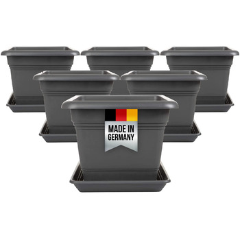 Набір із 6 великих садових горщиків 2friends, квіткові горщики 40 x 40 см, горщики з блюдцями, пластикові кашпо, квіткові горщики, виготовлені в Німеччині, антрацит, модель Ina