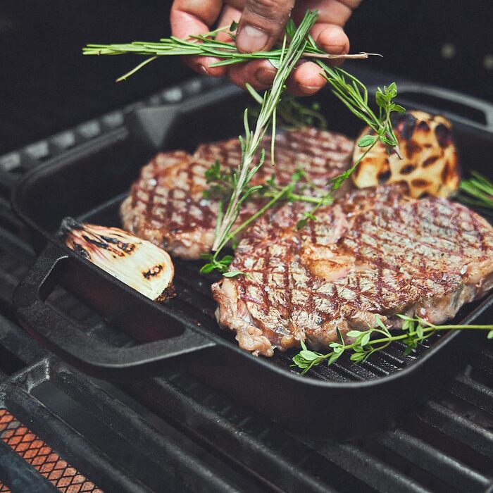 Чавунна сковорода-гриль BURNHARD, квадратна 26 см, попередньо приправлена, сковорода для стейків для газового гриля, духовки, вогн