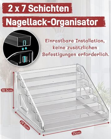 Органайзер для лаків для нігтів з 2 акрилових щіток із 7 рівнями, зберігання лаків для нігтів на 168 флаконів, прозора підставка для макіяжу, полиця для зберігання помади/ефірних олій та засобів для укладання