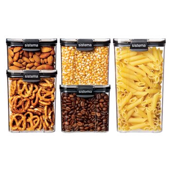 Ультрагерметичні квадратні контейнери для зберігання продуктів Sistema Контейнери для зберігання різних розмірів Штабелюються Застібки-кліпси Без BPA Прозорі з чорними акцентами Упаковка з 5 шт.