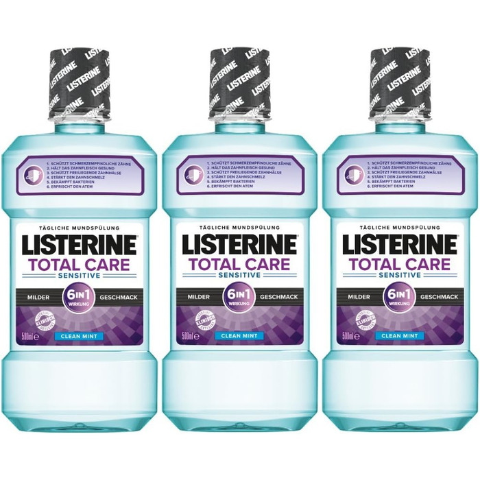 Ополіскувач для порожнини рота Listerine Total Care Sensitive, ополіскувач для порожнини рота 6в1, антибактеріальний і для чутливих зубів (3 x 500 мл) 500 мл (3 упаковки)