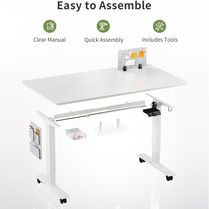 Письмовий стіл з регульованою висотою (140 x 70 см) Комп&39ютерний стіл з електричним регулюванням висоти, 4 режимами пам&39яті, дошкою для записів та колесами, що обертаються на 360 Стіл SN1 140 x 70 см Білий біла рама