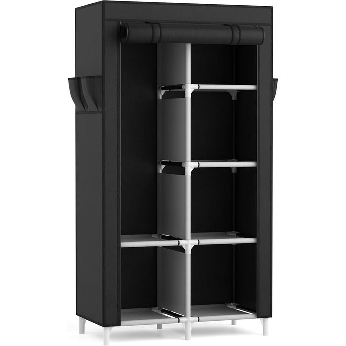 Шафа, тканинна шафа з вішаком для одягу, 6 полицями, 4 боковими кишенями та кришкою, міцна шафа для гардеробної спальні (чорна, 84 x 42 x 162 см)