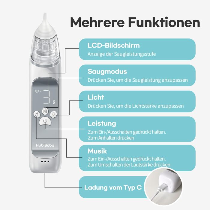 Електричний назальний аспіратор HubiBaby Large Flow, назальний аспіратор для немовлят, відсмоктувач козявок, очищувач носа для нем