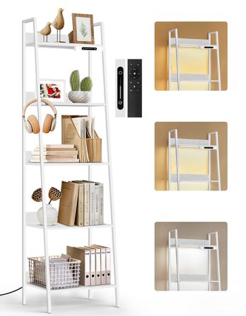 Ярусна вузька полиця-драбина зі світлодіодним підсвічуванням, сенсорним керуванням та дистанційним керуванням, 3 колірні температури, висока окремостояча полиця з регульованою яскравістю, виготовлена з металу та дерева для вітальні, спальні, офісу, біла, 