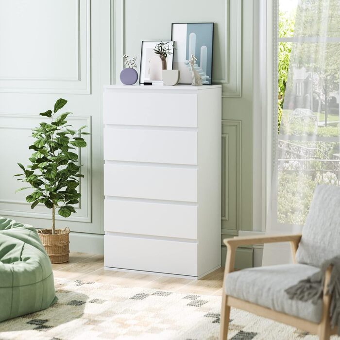 Білий комод з 5 шухлядами, вузький комод для спальні, коридору, вітальні, 55x33x100 см