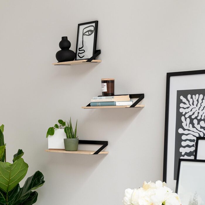 Набір настінних полиць -Finn- Підвісні полиці з металу та шпону натурального дерева Оздоблення стін та зберігання для ванної, віта