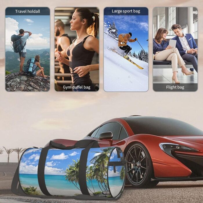 Спортивна сумка / Дорожня сумка, біла, з пляжним принтом, сумка на нічліг, чорна, універсальний розмір, сумка для подорожей