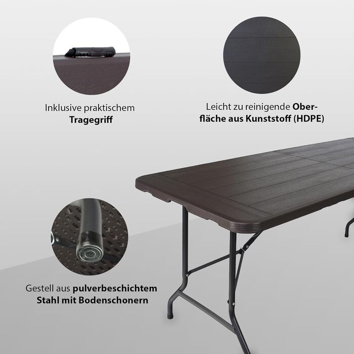 Стіл-фуршет TRUTZHOLM, розкладний стіл, 180 x 75 см, імітація дерева, складаний, пластик, садовий стіл, стіл для пивного намету, кемпінговий стіл, стіл для вечірки, приставний столик