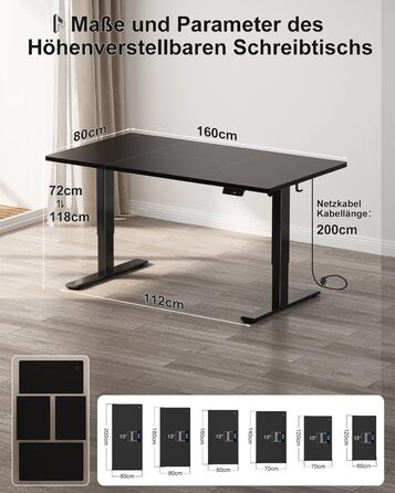 Стіл Homall з регульованою висотою 160x80 см з портом зарядки USB-A, електричний стіл з лотком для кабелів, стіл для роботи стоячи з 3 функціями пам&39яті, комп&39ютерний стіл чорного кольору 160x80см чорний