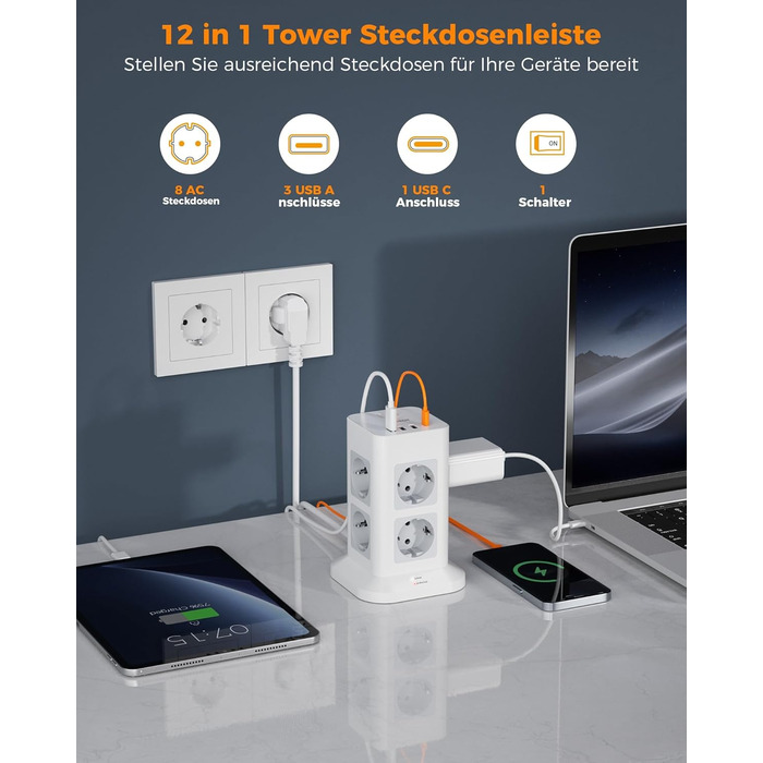 Місна розетка з USB C, захист від перенапруги з 3 USB і 1 USB C, розетка з вимикачем, подовжувач 2M для дому, 3600 Вт 2 метри, 8-