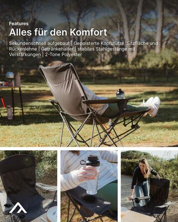 Кемпінгове крісло qeedo Johnny Relax з функцією відкидання, вантажопідйомність до 105 кг, розкладне крісло з підставкою для ніг, тримачем для напоїв та відділенням для охолодження, зручне, регульоване рибальське крісло або крісло для фестивалю, темно-сіри