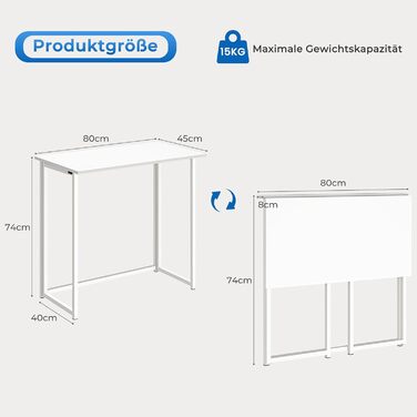 Складаний стіл Dripex, невеликий письмовий стіл, складаний, 80 x 45 см, не потребує складання, комп&39ютерний стіл, компактний стіл для домашнього офісу, кабінету, ПК (білий), не потребує складання, білий