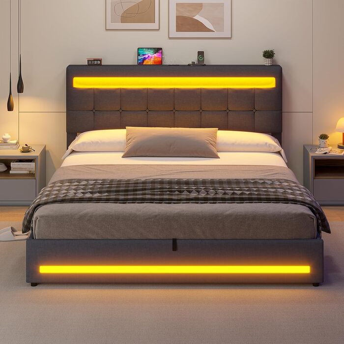 М&39яке ліжко 160x200 см із зарядною станцією та світлодіодним освітленням, каркас двоспального ліжка з місцем для зберігання, узголів&39ям та рейковою основою, плаваючий візуальний ефект, сучасний лляний каркас ліжка, матрац не входить до комплекту, темн