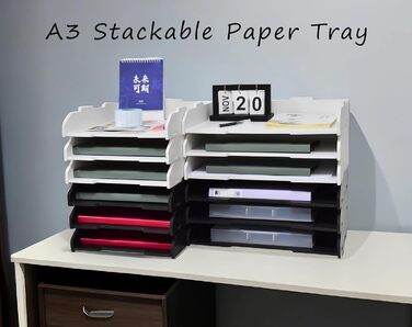 Штабельований лоток для паперу, A3, 3 рівні, настільний органайзер для офісного приладдя, зберігання файлів, органайзер для листів, папка для файлів A3, для дому або офісу, школи, білий (альбомний формат, білий, 3 рівні) 32 x 22 x 46,5 см