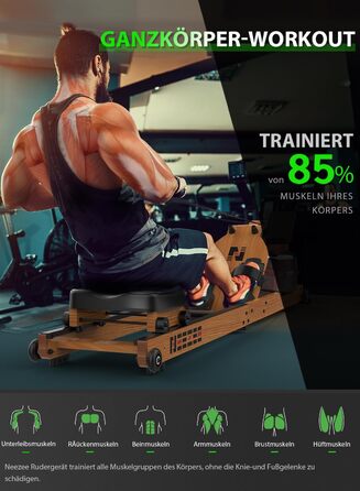 Водний гребний тренажер Neezee для домашнього використання, складний гребний тренажер з масиву дерева з Bluetooth-дисплеєм та тримачем для планшета, максимальна вантажопідйомність 200 кг, сумісний із застосунком Kinomap Braun (з Bluetooth)