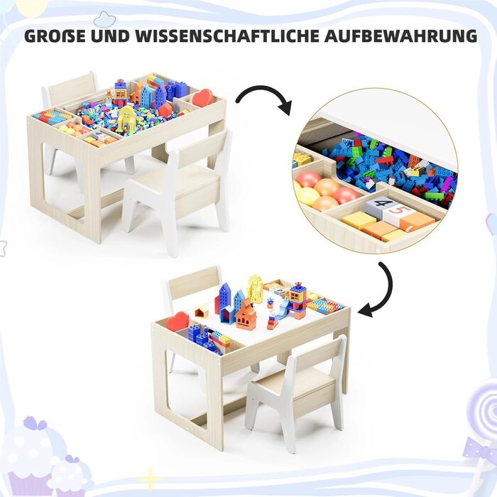 Дитячий комплект сидіння Clevich з місцем для зберігання, дитячий стіл з 2 стільцями, дитячий комплект столу та стільців з двосторонньою стільницею, дитячий стіл для дитячого садка, для дітей віком від 3 років, колір дерева