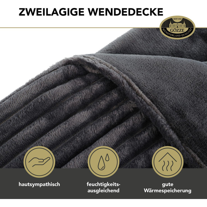 М&39який плед з вельветовим ефектом, 1620 г/шт., 150 x 200 см - Антрацит, Темно-сірий