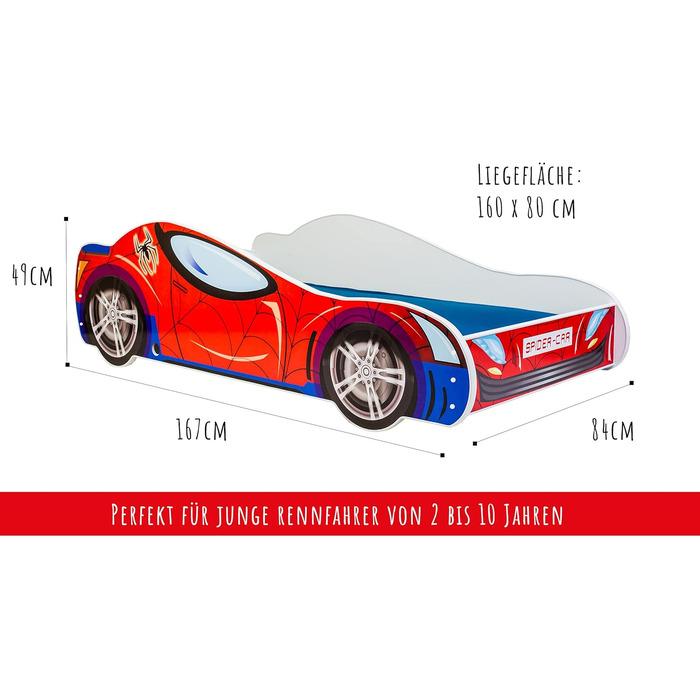Дитяче ліжко-автомобіль Kids Collective, дитяче ліжко, юнацьке ліжко 70x140 80x160 із захистом від падіння Дитяче ігрове ліжко, дизайн гоночної машини Для дітей віком від 3 до 10 років, 80x160 см Матрац не входить до комплекту