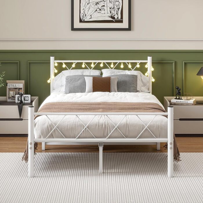 Каркас ліжка HOJINLINERO 120x200 з підсвічуванням, Ліжко 120x200 з рейковою основою, Металевий каркас ліжка, Металеве двоспальне ліжко, Гостьове ліжко, Дитяче ліжко з місцем для зберігання під ліжком для спальні, Біле