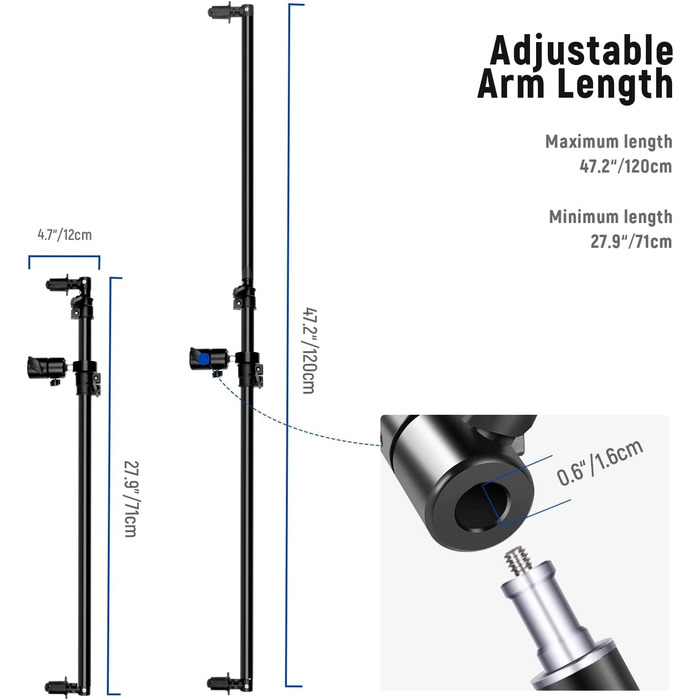 Розсувний тримач рефлектора, фотостудійний телескоп Від 27,9 до 47,2 дюйма Кронштейн зі штангою Поворотний рефлекторний кронштейн на 360 градусів для зйомки продуктів і портретів, чудово підходить для студії на відкритому повітрі та фотографії