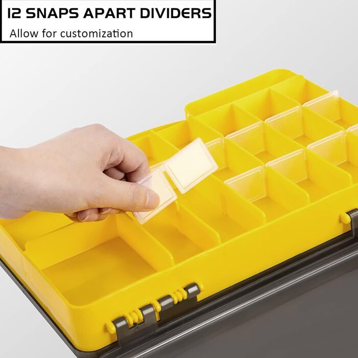 Двосторонній ящик для рибальських снастей, пластиковий ящик для рибальських снастей, ящик для зберігання рибальських аксесуарів з відділеннями, водонепроникний портативний ящик для рибальських аксесуарів для любителів риболовлі (29Д x 19Ш x 5,8В см, жовти