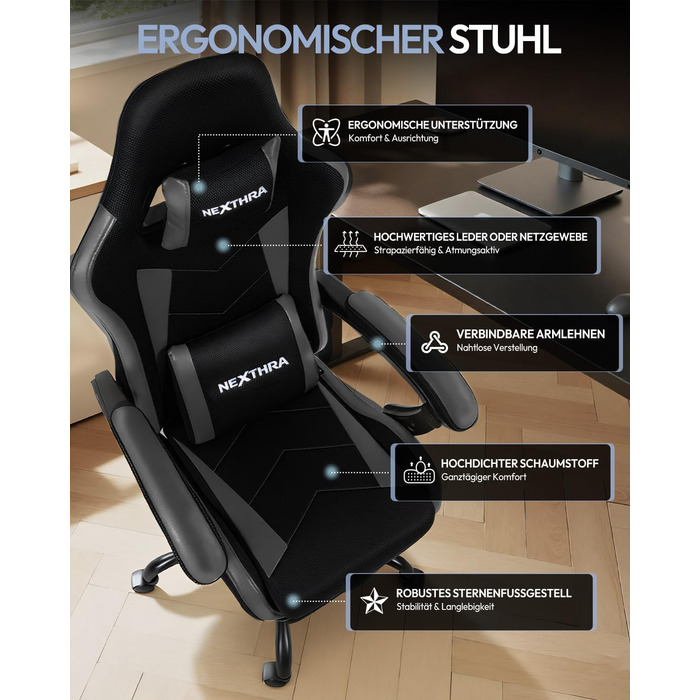 Ігрове крісло Nexthra, офісне крісло, ігрове крісло з регульованими по висоті підлокітниками, ергономічне ігрове крісло з підставкою для ніг, м&39яке ігрове крісло, кут нахилу 150, до 180 кг, чорне, регульоване