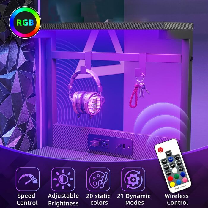 Ігровий стіл BEXEVUE LED 100x50 см з карбоновою стільницею, з шухлядою, кишенею та 2 гачками для навушників, комп&39ютерний стіл з розетками, чорний 100 x 50 см, чорний карбон