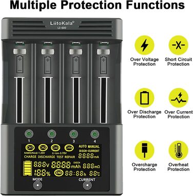 Швидкий зарядний пристрій Liitokala Lii-600 з РК-дисплеєм та сенсорним керуванням, 4-слотовий швидкий зарядний пристрій для акумуляторів 18650 з адаптером 12V 5A для Li-Ion/Ni-MH/Ni-Cd 14500 21700 AA AAA тощо.