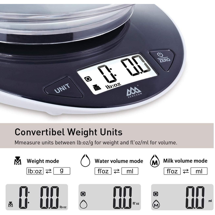 Цифрові кухонні електронні ваги SENSSUN зі знімною чашею, 5 кг / 11 фунтів з точністю до 1 г, з великим РК-дисплеєм і функцією тар