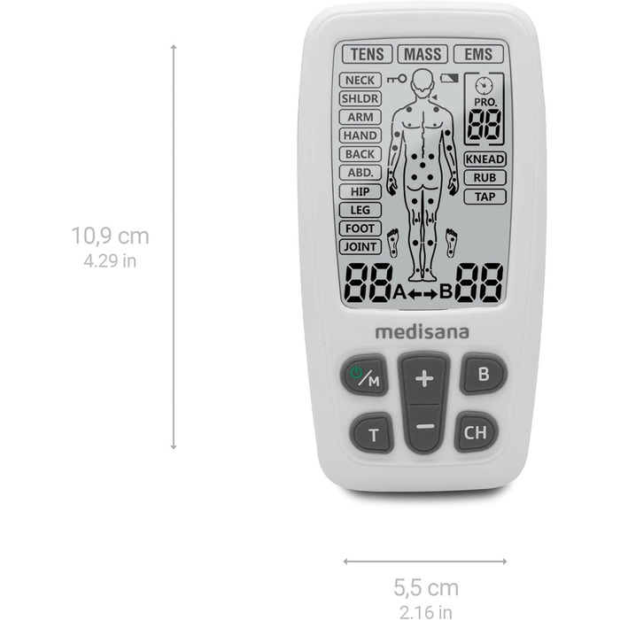 Апарат medisana TENS, струм для стимуляції EMS з 60 програмами Професійний апарат для електротерапії Розслаблення та полегшення болю на спині, шиї, плечах, животі, стегні за допомогою 4 електродних подушечок
