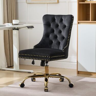 Вінтажне британське оксамитове офісне крісло зі стьобаною спинкою та оздобленням цвяхами, регульоване по висоті, поворотне та з коліщатками, вантажопідйомність до 150 кг - Зручне туалетне крісло для домашнього офісу, чорного кольору