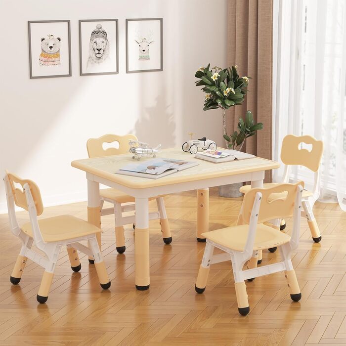 Дитячий стіл з 4 стільцями, серветками та дитячим стільцем для дитячого садка, регульований по висоті, з гравітаційною плитою та нековзною подушкою кольору дерева