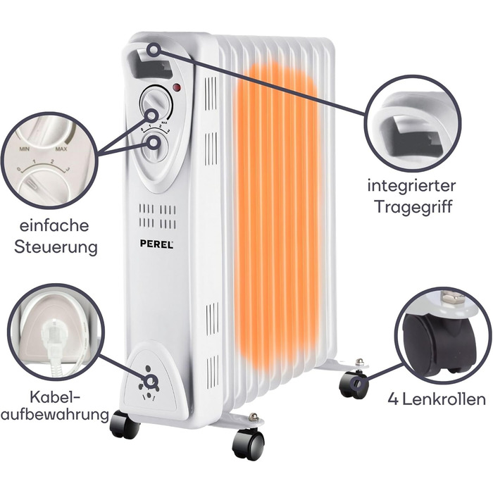Масляний радіатор Perel потужністю 2500 Вт з 11 ребрами, 3 режимами нагріву, регульованим термостатом, ручкою, колесами, захистом від перегріву та перекидання, тихий та енергоефективний радіатор для великих приміщень площею до 30 м, 2500 Вт (стандарт)