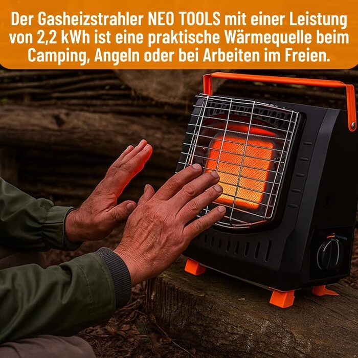 Газовий обігрівач NEO TOOLS 90-133, 2,2 кВт - Портативний газовий обігрівач з п'єзоелектричним запалюванням, захистом від перекидання та ручкою для перенесення, ідеально підходить для кемпінгу, риболовлі та активного відпочинку на свіжому повітрі