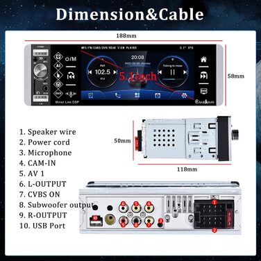 Автомобільна стереосистема Bluetooth 1 Din стерео 4,1-дюймовий ємнісний сенсорний екран FM/AM радіоприймач Подвійний порт USB/AUX-вхід/TF карта камера заднього виду/зовнішній мікрофон/керування на кермі (5,1 дюйма 1 Din Carplay)