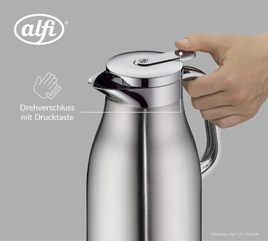 Термос alfi SKYLINE 1,5 л, матова нержавіюча сталь, з гігієнічним загартованим скляним вкладишем, кришка з поворотним замком та зручною кнопкою, ергономічна ручка, керування однією рукою, ідеально підходить як кавник