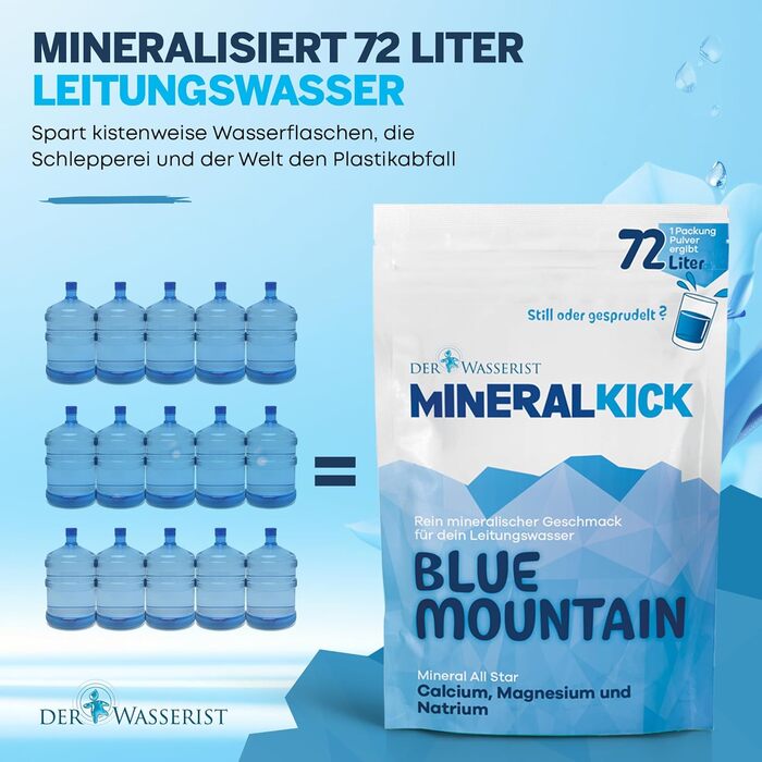 Для вашої водопровідної води - BLUE MOUNTAIN, мінерально збалансована кальцієм, магнієм і натрієм - становить 72 літри