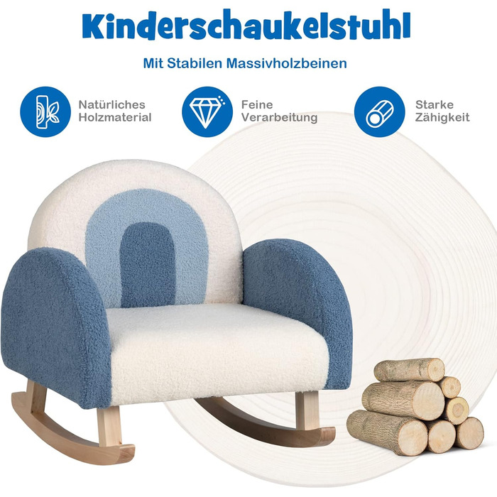 Дитячий диван COSTWAY, дитяче крісло-гойдалка, крісло-ведмедик, оксамитовий матеріал та ніжки з масиву дерева, дизайн із захистом від перекидання, міні-крісло для дитячої кімнати, дитяче крісло для малюків 3-5 років (синє)