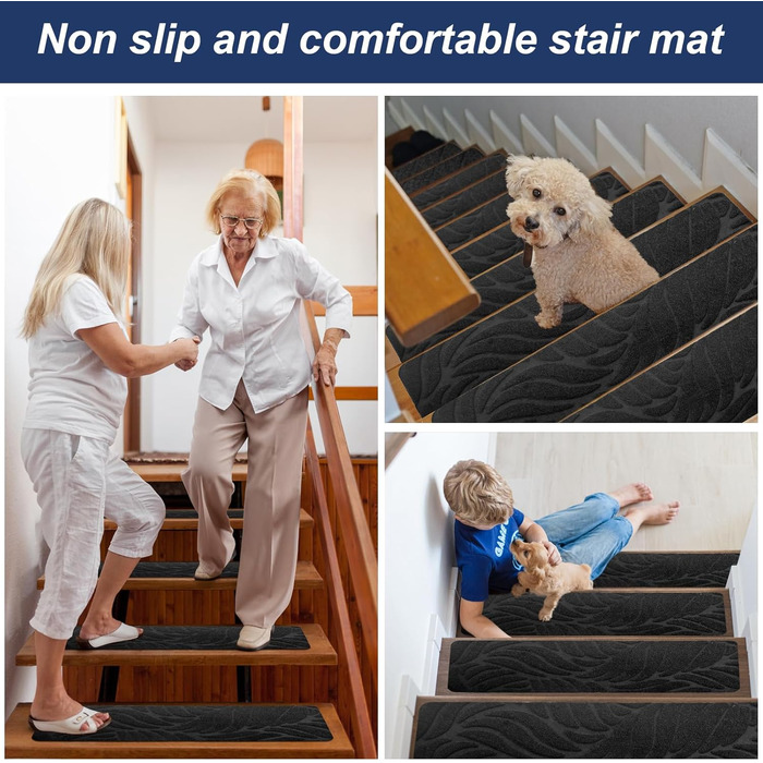 Сходинки для сходів, 15 шт. , протиковзкі, самоклеючі, 55x19 см, багаторазові, ріжучі, захист для сходів у приміщенні для домашніх тварин та дітей - чорні
