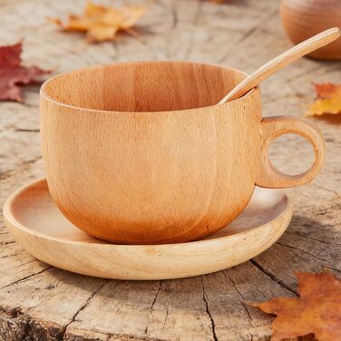 Набір дерев&39яних чашок Столовий посуд з натурального дерева об&39ємом 290 мл з ложкою - Кавовий набір з блюдцем - Для зими, використання на вулиці, вдома, в саду, на балконі, для пікніка, кемпінгу, вечірки, для віскі та.