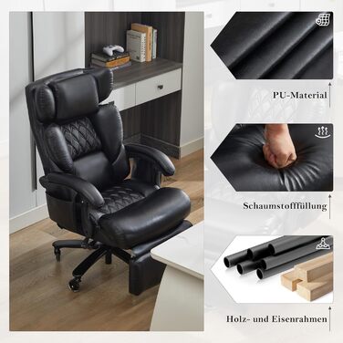 Офісні крісла, офісне крісло з підставкою для ніг та функцією масажу, офісне крісло зі штучної шкіри, поворот на 360, регульована спинка, до 150 кг, для офісу та домашнього офісу (чорне)