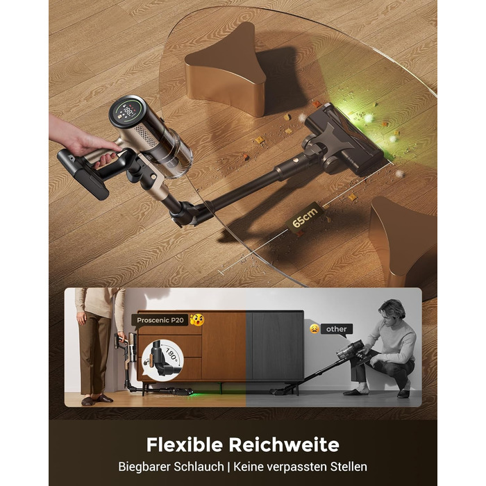 Акумуляторний пилосос Proscenic P20 з функцією вологого прибирання, 680 Вт, 70 кПа, до 70 хв роботи, бездротовий, з настінною зарядною станцією, системою Anti-Tangle та 6-рівневим фільтром, для килимів, твердих підлог та шерсті тварин, колір Aurum Black L
