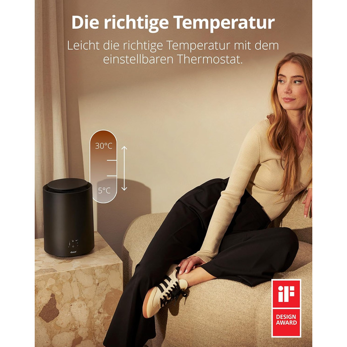 Розумний керамічний вентилятор-обігрівач Duux Threesixty 2 - Тихий - Електричний обігрівач на 360 з потужністю 1800 Вт та 3 рівнями потужності - Енергозберігаючий вентилятор-обігрівач з інтелектуальним керуванням - Чорний