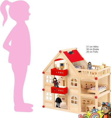 Дерев&39яний ляльковий будиночок для ляльок, кімната для ляльок з 3 поверхами, 4 ляльки та 15 предметами меблів, ручка для перенесення 555x26 см