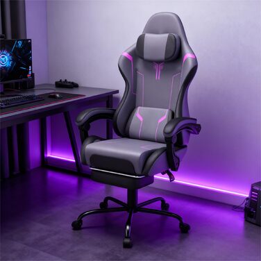 Ігрове крісло, ергономічне офісне крісло, регульоване та поворотне ігрове крісло, регульована висота, робоче крісло з підставкою для ніг та поперековою опорою, ігрове крісло, поверхня PU - чорний та фіолетовий, сірий та фіолетовий, PU